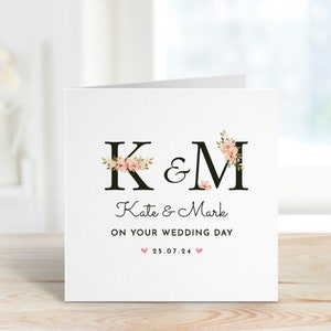 Carte de mariage avec date initiale Félicitations pour votre mariage Carte florale Cadeau de jeunes mariés Cartes de voeux pour couple