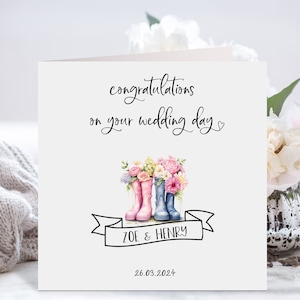 Carte de mariage personnalisée avec nom et date Carte-cadeau de félicitations Carte de voeux florale pour couple de jeunes mariés le jour de votre journée