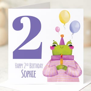 Geburtstagskarte zum 2. Geburtstag, süße Frosch-Design Name Kleinkind Geburtstagskarte Spaß buntes Andenken für Kind Enkel Nichte Neffe Ich bin zwei