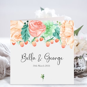 Personalised wedding engagement or anniversary card with names and date Floral gift card Newly Married Couple Greeting Card flowers botanic