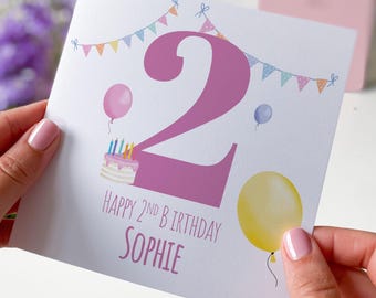 Fun 2nd Birthday Card for Girl Colourful with Balloons and Cake Perfect Keepsake Card for Daughter Niece or Granddaughter I am Two Second