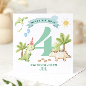 Carte personnalisée des 4 ans de dinosaure pour garçons, carte d'âge pour fils, petit-fils, neveu, joli souvenir d'anniversaire pour enfants sur le thème de la préhistoire, j'ai quatre ans
