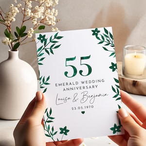 55. Szmaragdowa Rocznica Ślubu Karta dla Pary Spersonalizowana Imionami i Datą Elegancka Zielona 55-letnia Prezent Małżeński Mama Tata Dziadkowie