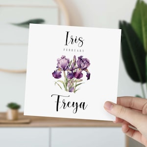 Verjaardagskaart februari Gepersonaliseerde bloemengeboortekaart voor geboren in februari met naam geboortemaand iris cadeaus voor vriendin moeder zus
