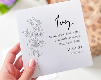 Personalised August Birth Flower Birthday Card for Her – Gladiolus Floral Name