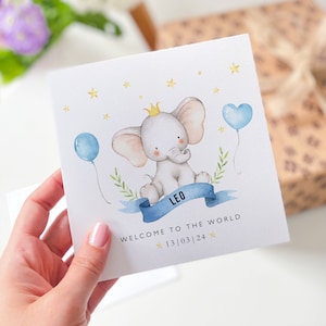 Nouvelle carte pour bébé avec le nom et la date du bébé Rose Bleu Ballon éléphant Bienvenue dans le monde Carte de voeux bébé animal mignon bébé garçon fille nouveau-né