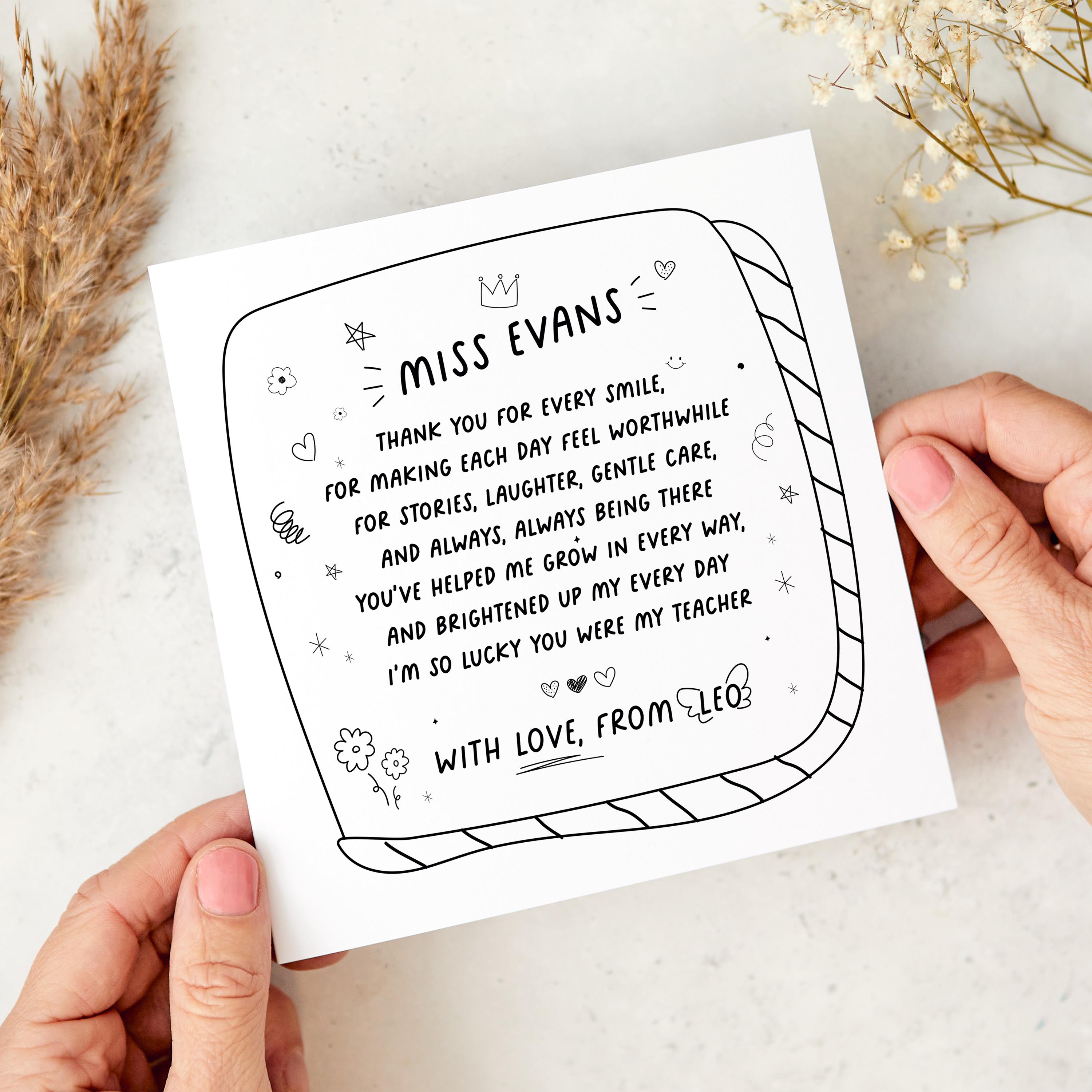 Teacher Appreciation Card Personalised Thank You Gift for Nursery ...