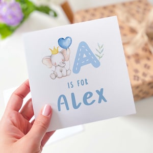 Novo cartão de bebê personalizado, elefante e balão, com nome, rosa, azul, elefante, balão, fofo, animal, cartão de felicitações, bebê menino e menina