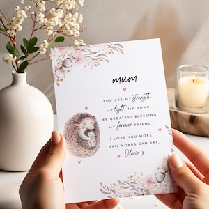 Carte personnalisée pour maman, fille ou fils hérisson mignon message sincère fête des mères Noël ou carte d'anniversaire de maman pour maman maman