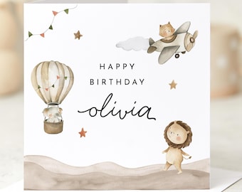 Personalised Birthday Card, Hot Air Balloon Animal Design, Keepsake Card