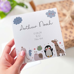 Carte pour nouveau-né avec nom date hauteur poids carte-cadeau bébé garçon fille figurines d'animaux mignons carte nouveau-né pour nouvelle maman animal de la forêt babyshower