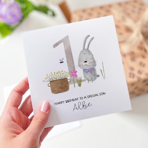 Carte de premier anniversaire personnalisée avec un joli lapin joyeux 1er anniversaire à un fils, carte-cadeau 1er anniversaire pour neveu nièce petit-fils petite-fille