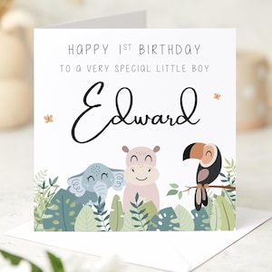 Biglietto di auguri per il primo compleanno di un bambino con design di animali della giungla, biglietto di auguri per il primo compleanno di un bambino, regalo speciale per figlio, nipote o nipote.
