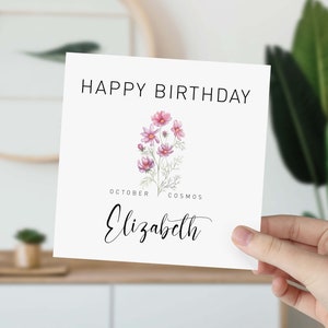Cartão de aniversário de outubro Flor cosmos para nascido em outubro com nome para ele cartão de presente de aniversário de nascimento Cartão de flor de feliz nascimento personalizado