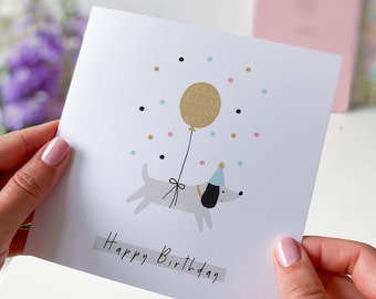 Cute birthday card with cute dog and balloons Happy Birthday card for dog owner Dog mum dad dog lover girlfriend funny animal card