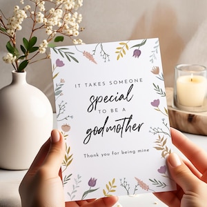Tarjeta de agradecimiento para la madrina: se necesita alguien especial para ser madrina. Diseño floral. Tarjeta significativa para bautizo o cumpleaños.