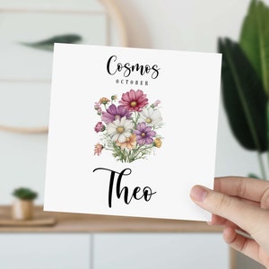Cartão de aniversário de outubro Cosmos flor Cartão de flor de feliz nascimento personalizado para nascido em outubro com nome para ele seu cartão de presente de aniversário de nascimento