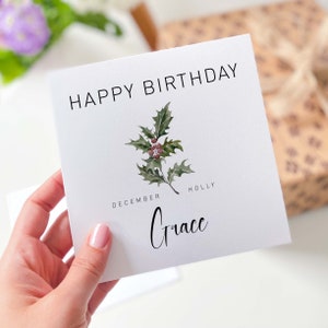 December verjaardagskaart Holly Gepersonaliseerde geboortebloemenkaart voor geboren in december geboorte met naam geboortemaand december voor haar hem vriend mama