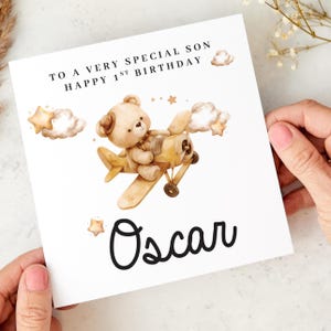 Zu einem ganz besonderen Sohn erste Geburtstagskarte für Baby Boy Cute Bear und Flugzeug Design Andenken 1