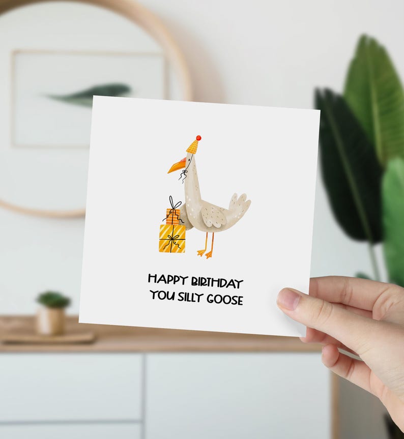 Tarjeta de cumpleaños divertida con forma de ganso, animal de dibujos animados con sombrero de fiesta imagen 3