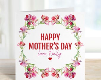Personalised Happy Mother’s Day Card for Mum – Custom Floral Wreath Design Gift from Daughter or Son