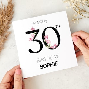 Carte d'anniversaire personnalisée pour 30 ans avec nom, design floral élégant, cadeau spécial pour ses amis, femme fiancé, nièce, tante, trente ans, fabuleux