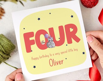 Personalised 4th Birthday Card for Boy Nephew Godson Stepson Son Grandson Name and Age Cute Design Fun Four Year Old Kids Birthday Keepsake