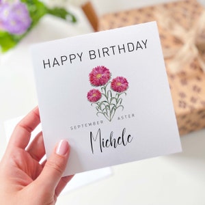 Cartão de aniversário de setembro Aster Cartão de flor de nascimento personalizado com flor de áster para nascido em setembro com nome cartão de mês de nascimento para ele ela