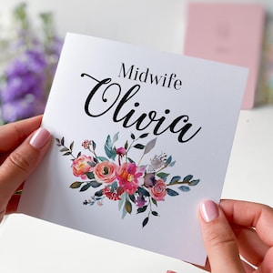 Cartão de parteira personalizado com design floral, presente de reconhecimento, celebração, nome personalizado, cartão de agradecimento de parteira, presente para ela