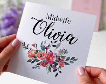 Carte personnalisée de sage-femme, cadeau de conception florale, célébration de reconnaissance, nom personnalisé, carte de remerciement de sage-femme, cadeau pour elle
