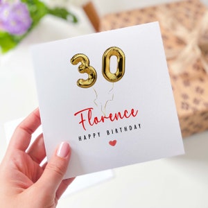Cartão de aniversário personalizado de 30 anos, cartão dourado com balão de 30 anos, cartão de aniversário para amigo, esposa, marido, noivo, amigo, namorada, namorado, ela ele
