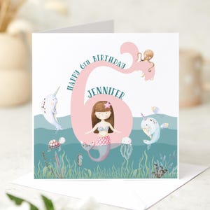 Carte pour 6e anniversaire avec nom et âge personnalisés Carte d'anniversaire sirène pour filles sous la mer pour fille nièce ou petite-fille
