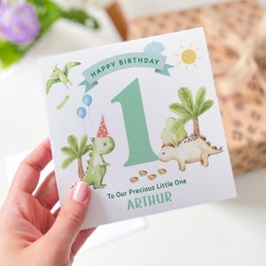 Cartão de aniversário de dinossauro personalizado para meninos, cartão de idade para filho, neto, sobrinho, lembrança de aniversário infantil com tema pré-histórico fofo, 1º, 2º, 3º e 4º ano