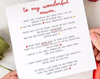 To My Wonderful Mum Mother&#39;s Day Card Heartfelt Message for Mum Thoughtful Mummy Card Sentimental Gift for Her Special Keepsake Mothers Day