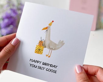 Tarjeta de cumpleaños divertida con forma de ganso, animal de dibujos animados con sombrero de fiesta