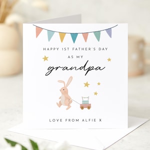 Primo biglietto per la festa del papà personalizzato con nome e titolo. Simpatico coniglietto per papà, nonno o nonno, ricordo del bambino.