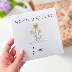 Tarjeta de feliz cumpleaños de marzo Narciso Flor de nacimiento personalizada Nacido en marzo tarjeta de cumpleaños de nacimiento con nombre tarjeta de flores del mes de nacimiento para ella él
