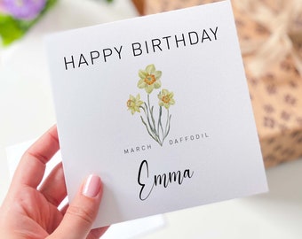 Carte de joyeux anniversaire de mars, jonquille, fleur de naissance personnalisée, né en mars, carte d'anniversaire de naissance avec nom, carte de fleur du mois de naissance pour elle, lui
