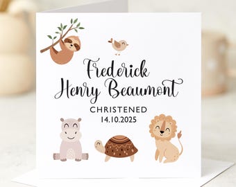 Personalised Christening Card for Baby Boy or Girl with Safari Animal Baptism Naming Day Card Jungle Theme Keepsake Gift Christened Baptised