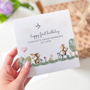 Carte de premier anniversaire avec motif animal des bois Carte de 1er anniversaire nom Date Forêt mignonne bébé fille garçon neveu nièce petit-fils petite-fille