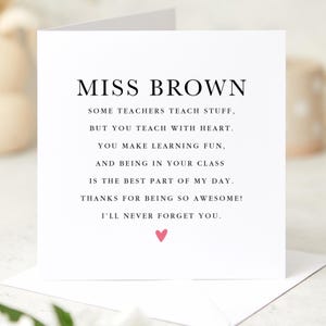 Tarjeta de agradecimiento personalizada para el profesor Diseño de poema con nombre Regalo de fin de trimestre o año de un alumno Agradecimiento sincero Primaria Guardería Secundaria