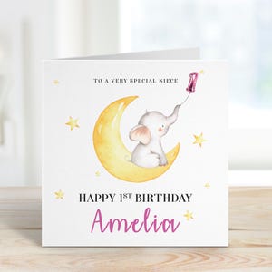 Tarjeta de primer cumpleaños para sobrina Luna y Elefante Tarjeta de primer cumpleaños para sobrina Personalizada con Nombre y Edad Dulce Recuerdo para Niñas