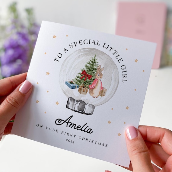 Personalised First Christmas Card Girl, Baby Rabbit Design