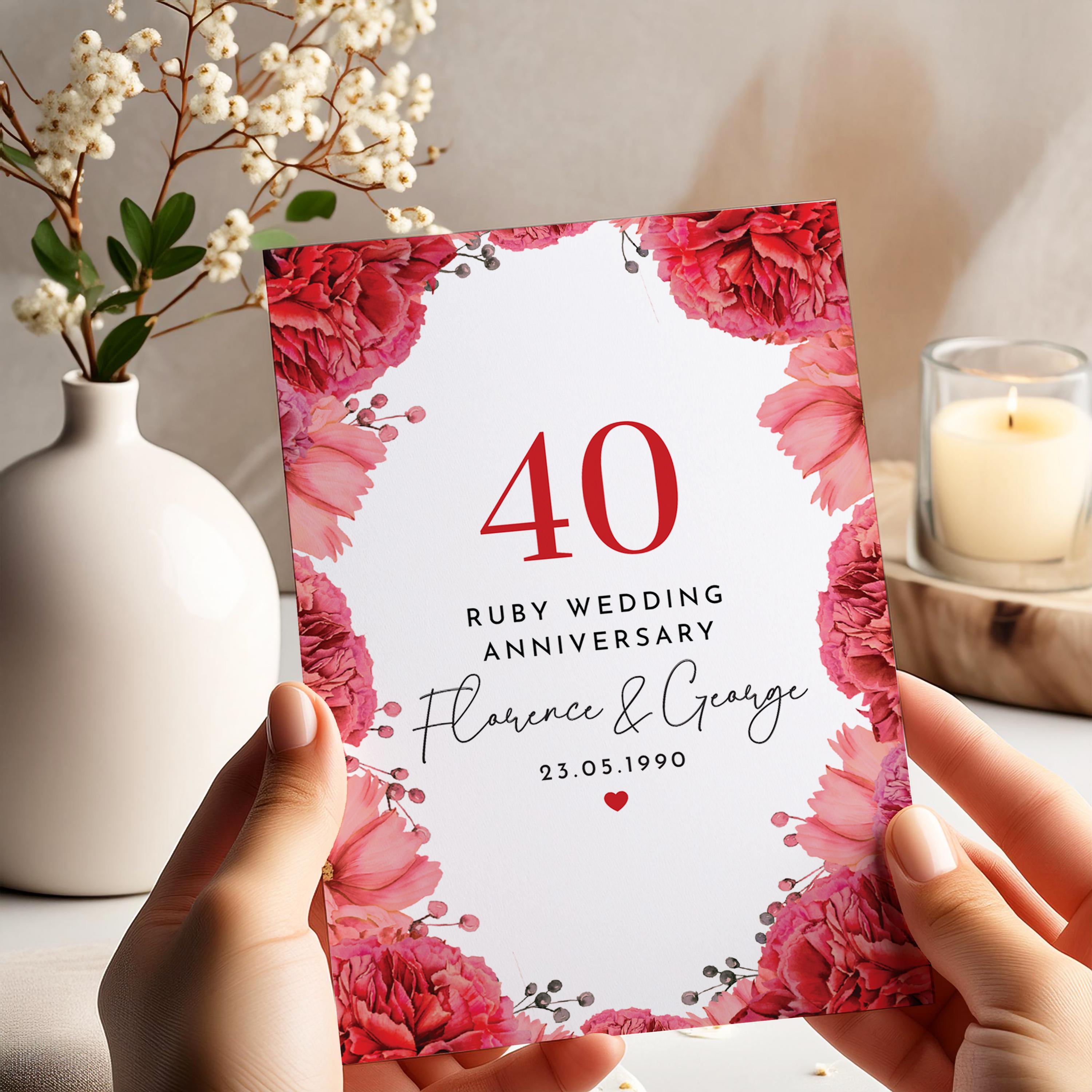Ruby Wedding Anniversary Card With Names and Date 40 Year Celebration ...