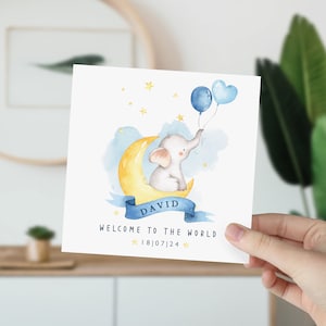Nueva tarjeta de bebé personalizada con nombre y fecha del bebé Rosa o Azul Bienvenido al mundo Lindo bebé animal tarjeta de felicitación bebé niño niña recién nacido