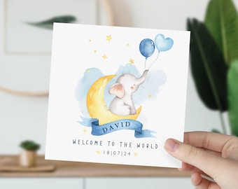 Personalized New Baby Card, Elephant and Moon Design
