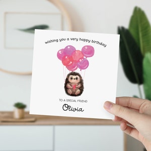 Carte d'anniversaire d'un ami Carte-cadeau personnalisée d'un ami avec nom de jolis ballons roses hérisson pour des amis spéciaux Happy To my bestie Best