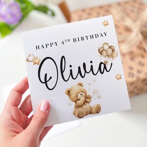 Carte d'anniversaire personnalisée pour garçon fille, fils, fille, neveu, nièce, filleul, souvenir de 4e anniversaire avec ours en peluche mignon pour tout-petit
