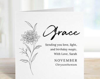 Personalised November Birth Flower Birthday Card for Her – Chrysanthemum Floral Name