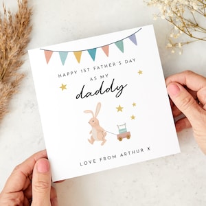 Primo biglietto per la festa del papà personalizzato con nome, simpatico coniglietto per papà e bambino, ricordo del primo giorno del papà